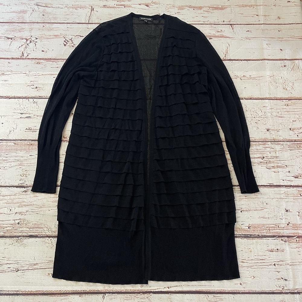 Eileen Fisher Women's Black Ruffled Sheer Open Front Cardigan Women's Size M